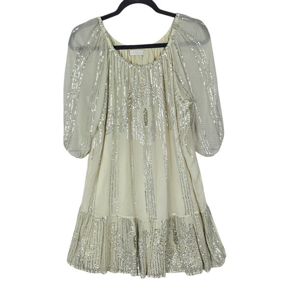 CAROLINA K Dresses & Skirts - Carolina K Dress M Cream Sequin Sheer Sleeve Ruffle Tier Hem Boho Fairy India